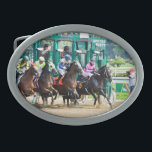 Off at Saratoga Belt Buckle<br><div class="desc">BREAKING FROM THE STARTING GATE AT HISTORIC SARATOGA RACECOURSE. Packed House in the pink silks with jockey Ricardo Santana Jr. breaks in front as the grounds keepers look on.
Fleetphoto</div>