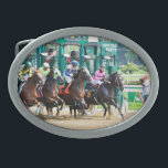 Off at Saratoga Belt Buckle<br><div class="desc">BREAKING FROM THE STARTING GATE AT HISTORIC SARATOGA RACECOURSE. Packed House in the pink silks with jockey Ricardo Santana Jr. breaks in front as the grounds keepers look on.
Fleetphoto</div>