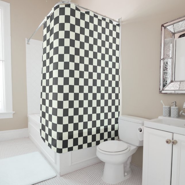 Off Black and Off White Checkerboard Shower Curtain (In Situ)