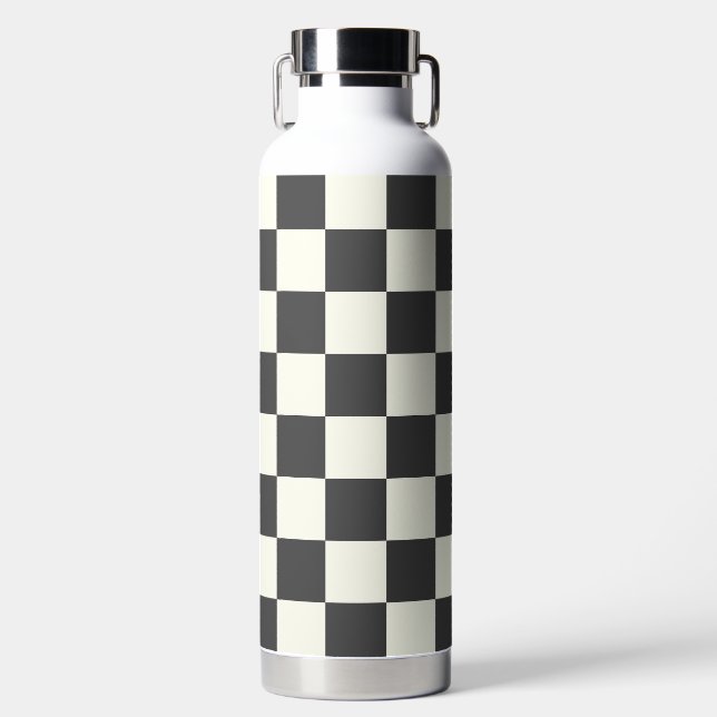 Off Black and Off White Checkerboard Water Bottle (Front)