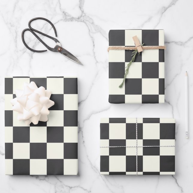 Off Black and Off White Checkerboard Wrapping Paper Sheets (Front)
