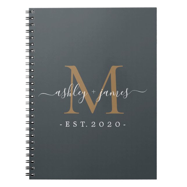 Off-Black Gold Monogram Names Established Year Notebook (Front)