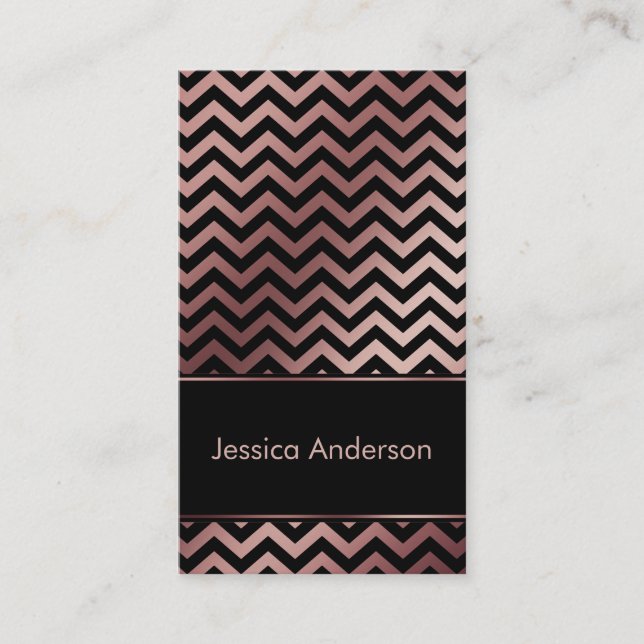 Off-centered Black & Rose Gold Chevron Pattern Business Card (Front)
