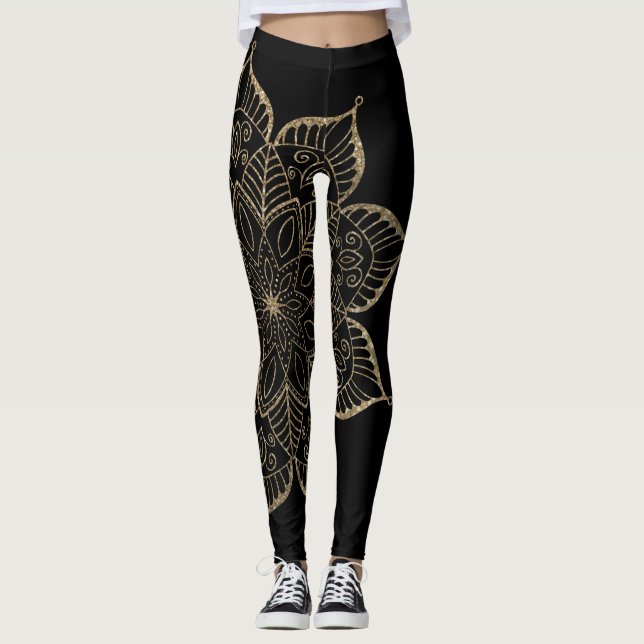 Off-Centered Gold Faux Glitter Mandala on Black Leggings (Front)