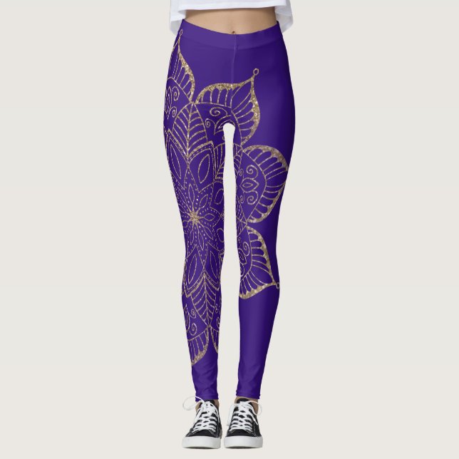 Off-Centered Gold Faux Glitter Mandala on Purple Leggings (Front)