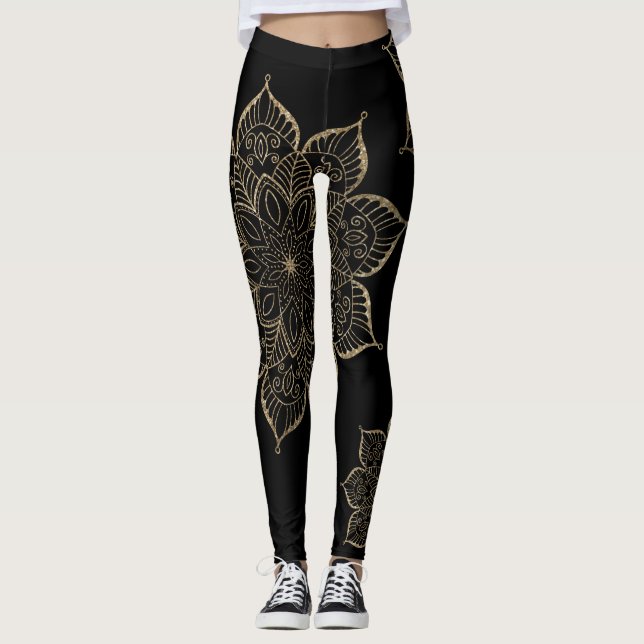 Off-Centered Gold Faux Glitter Mandalas on Black Leggings (Front)