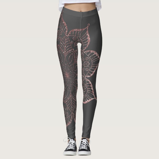 Off-Centered Rose Gold Faux Glitter Mandala, Gray Leggings (Front)