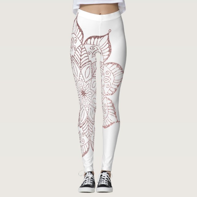 Off-Centered Rose Gold Faux Glitter Mandala, White Leggings (Front)