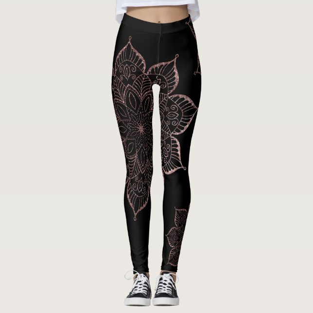 Off-Centered Rose Gold Faux Glitter Mandalas Black Leggings (Front)