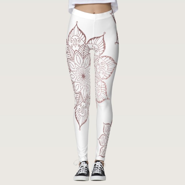 Off-Centered Rose Gold Faux Glitter Mandalas White Leggings (Front)