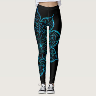 Off-Centered Teal Faux Glitter Mandala on Black Leggings
