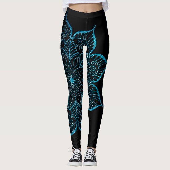 Off-Centered Teal Faux Glitter Mandala on Black Leggings (Front)