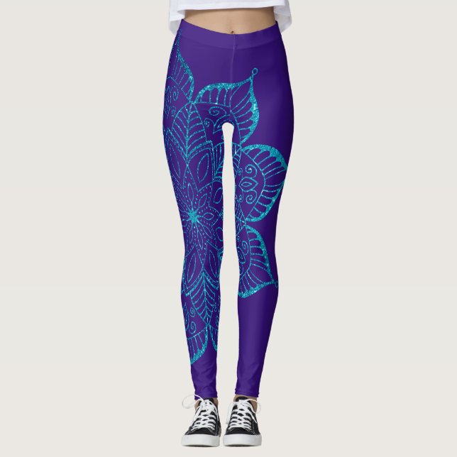 Off-Centered Teal Faux Glitter Mandala on Purple Leggings (Front)