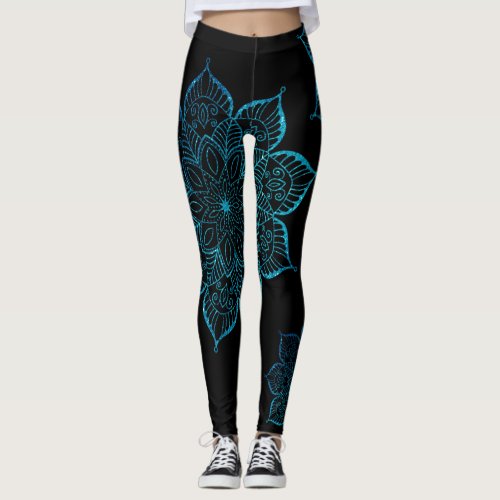 Off_Centered Teal Faux Glitter Mandalas on Black Leggings