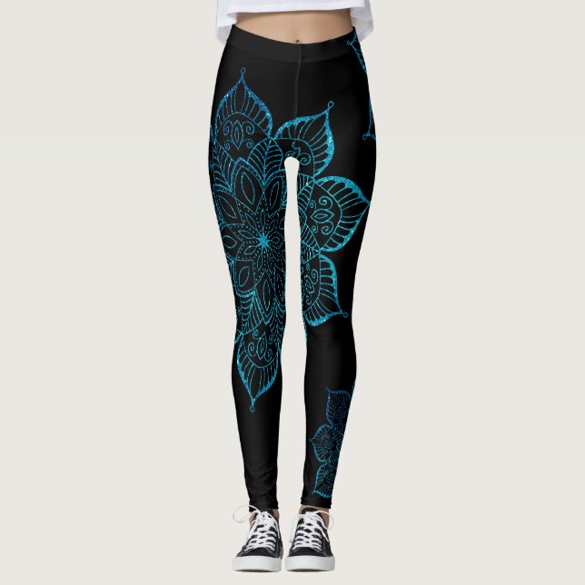 Off-Centered Teal Faux Glitter Mandalas on Black Leggings (Front)