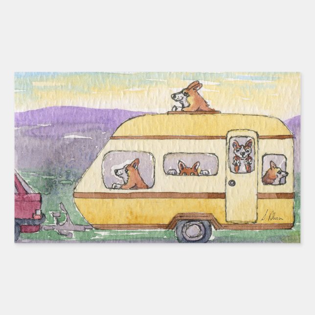 Off on their holidays - Corgi dogs in a caravan Rectangular Sticker (Front)