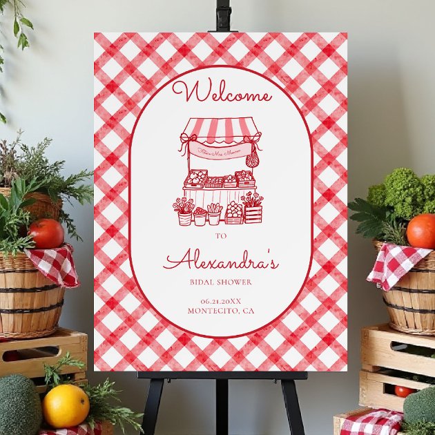 She's off the market bridal shower welcome foam board sign — red gingham farmers market — Pencil Owl Studios