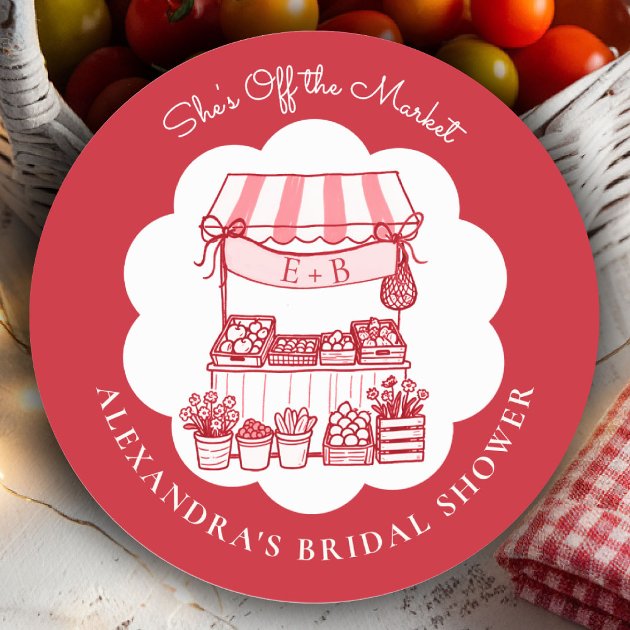 She's off the market bridal shower round stickers — red gingham farmers market favour stickers — Pencil Owl Studios
