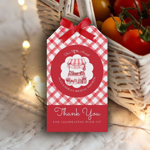 She's off the market bridal shower gift tags — red gingham farmers market picnic — Pencil Owl Studios