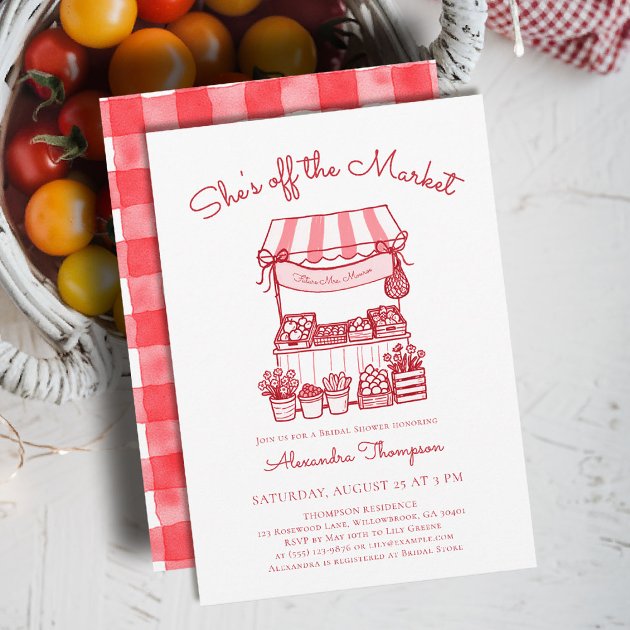 She's off the market bridal shower invitation — red gingham farmers market picnic theme — Pencil Owl Studios