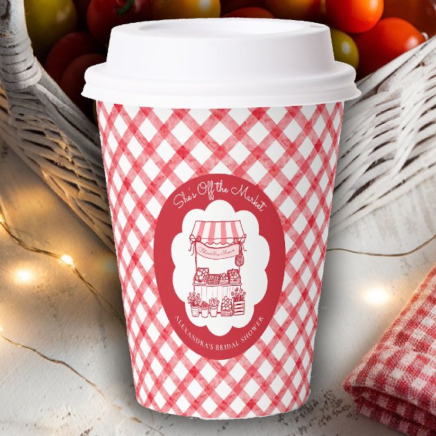She's off the market bridal shower paper cups — red gingham farmers market picnic party — Pencil Owl Studios