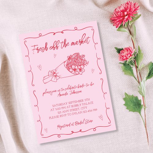 Off The Market Pink  Red Hand Drawn Bridal Shower Invitation