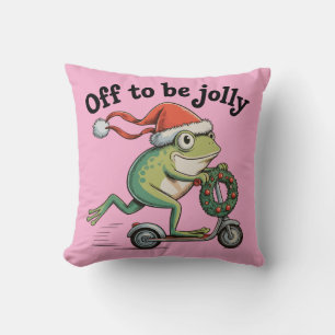 Off To Be Jolly – Christmas Frog on Scooter Throw Pillow