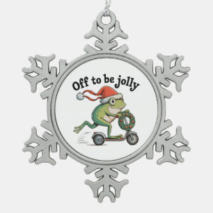 Off To Be Jolly Christmas Xmas Funny Frog Scooter Snowflake Pewter Christmas Ornament