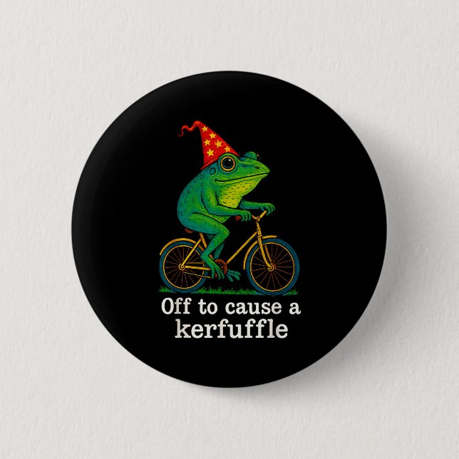 Off To Cause A Kerfuffle Funny Frog Wizard Bicycle Button (Front)