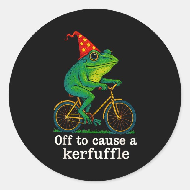 Off To Cause A Kerfuffle Funny Frog Wizard Bicycle Classic Round Sticker (Front)