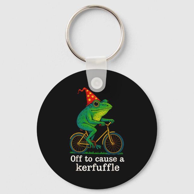 Off To Cause A Kerfuffle Funny Frog Wizard Bicycle Keychain (Front)