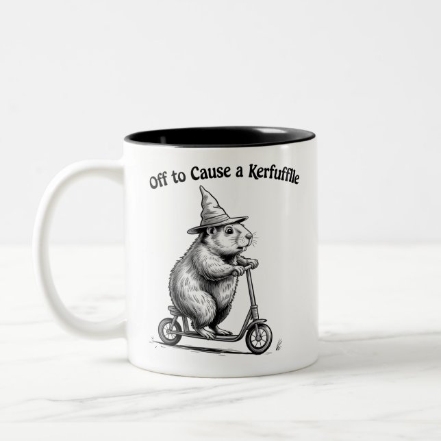Off To Cause A Kerfuffle Funny Groundhog Scooter  Two-Tone Coffee Mug (Left)