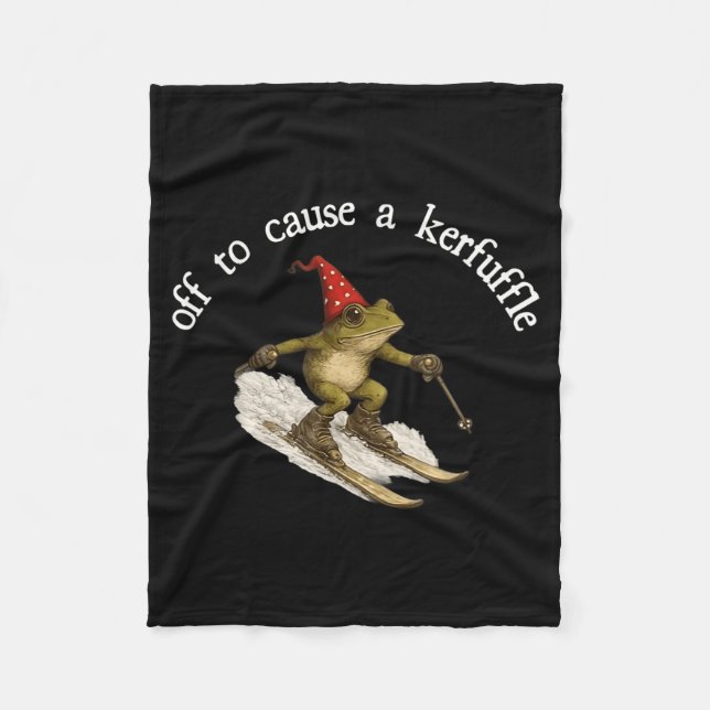 Off to Cause A Kerfuffle Funny Wizard Frog On Skis Fleece Blanket (Front)