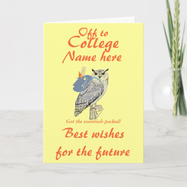 Off to College Best wishes, Owl, add name front Card (Front)