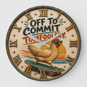 Off to Commit Tomfoolery Chicken Funny Vintage Far Large Clock