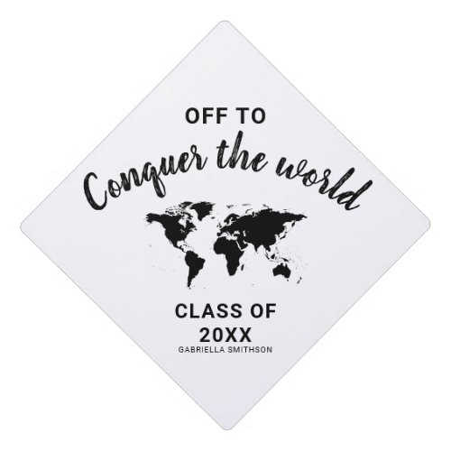 Off to Conquer the World Map White Graduation Cap Topper