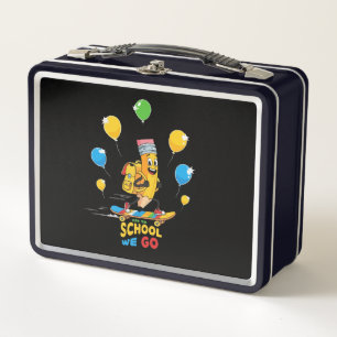 Off To School We Go Cute Cartoon Pencil on Skate Metal Lunch Box