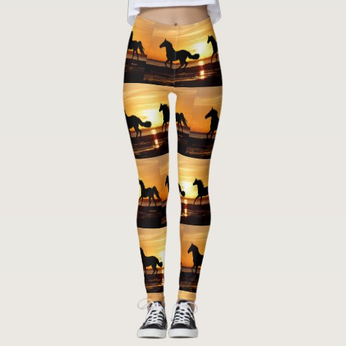 Off to the Races Horse Running at Sunset Leggings