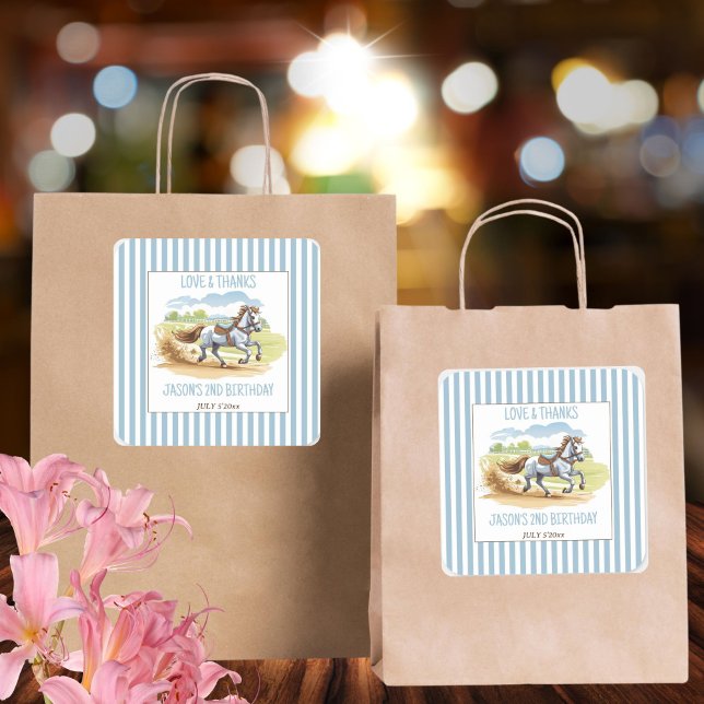 Off two the races equestrian birthday favor square sticker (Off two the races horses equestrian pony birthday party thank you favor printed sticker template)