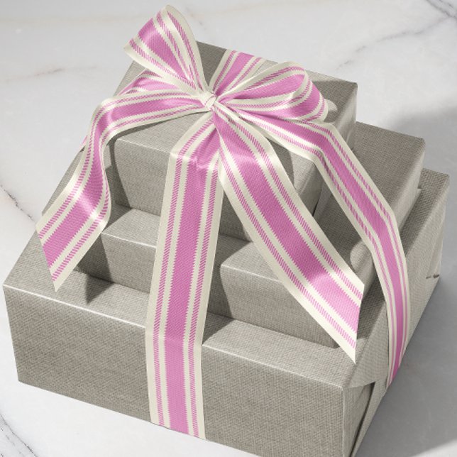 Off-White and Candy Pink Ticking Tape Ribbon (French country rustic candy pink ticking stripe patterned satin ribbon)