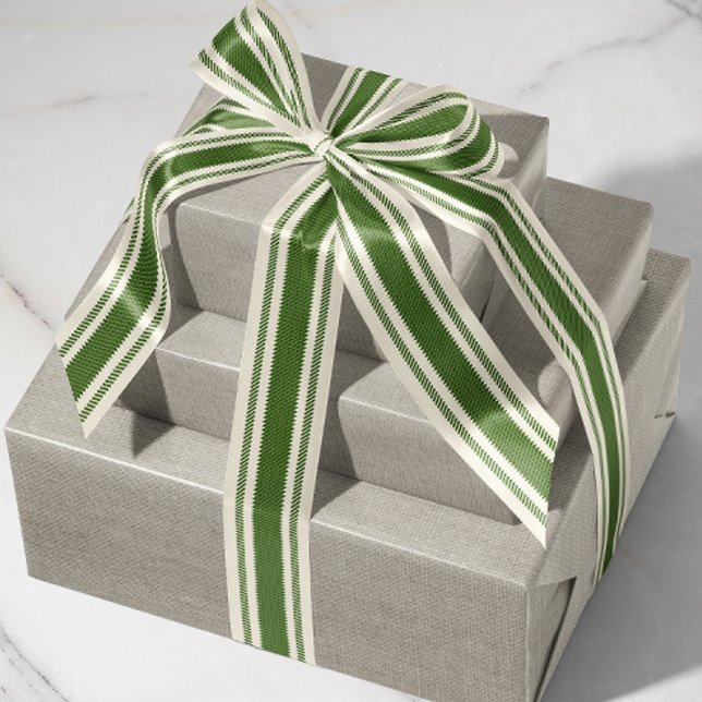 Off-White and Forest Green Ticking Tape Ribbon (rustic French country mossy green and off-white cream ticking tape stripe patterned ribbon)