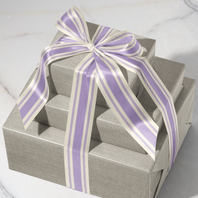 Off-White and Soft Lilac Purple Ticking Tape Grosgrain Ribbon (rustic French country pastel lilac purple and off-white cream ticking tape stripe patterned ribbon)
