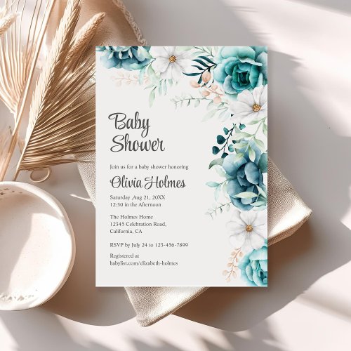Off_White and Teal Floral Baby Shower Invitation