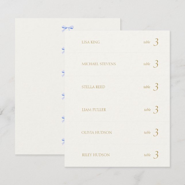 Off White | Blue Ribbon Place Name Escort Card (Front/Back)