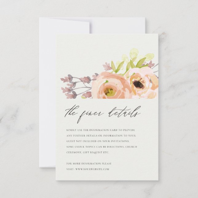 OFF WHITE BLUSH PINK PEACH FLORAL WEDDING DETAIL INVITATION (Front)
