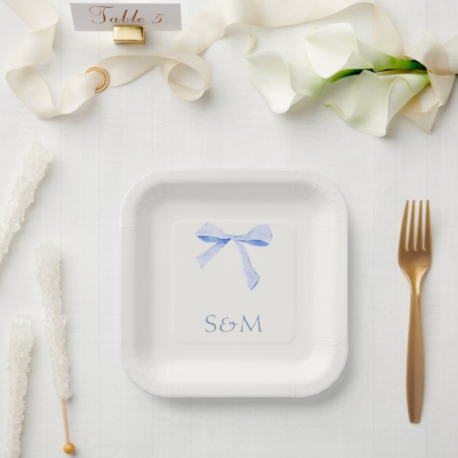 Off White | Dusty Blue Watercolor Ribbon Wedding  Paper Plates (Wedding)