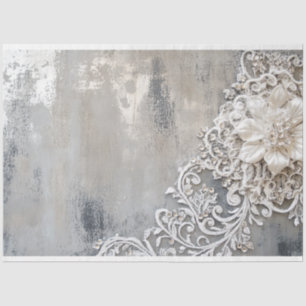 Off White Floral Lace Embroidered Silver Patina Tissue Paper