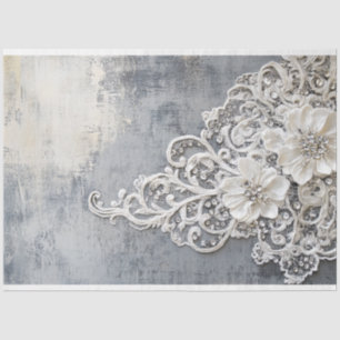 Off White Floral Lace Embroidered Silver Patina Tissue Paper
