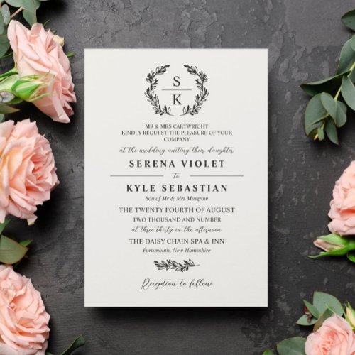 Off White Gray Laurel Wreath Monogram Wedding Invitation