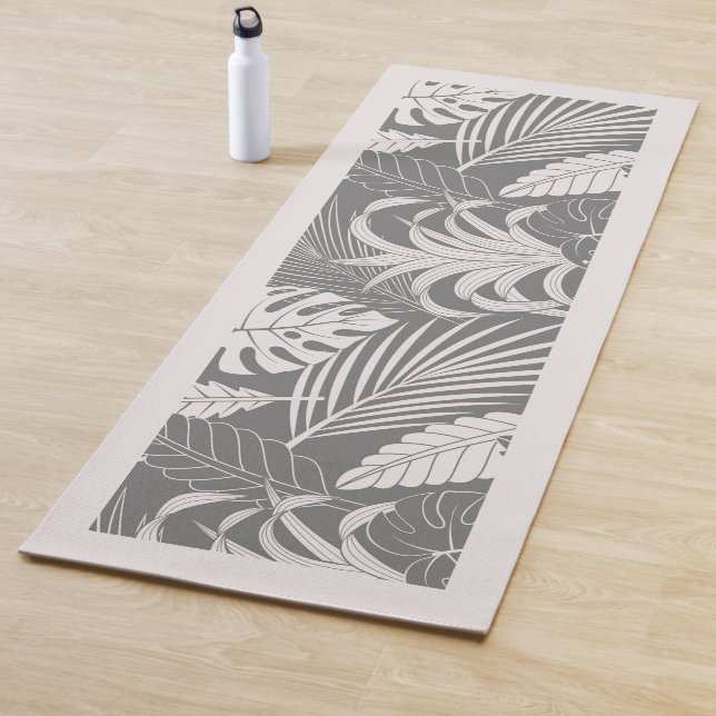 Off-White & gray tropical leaves pattern Yoga Mat (In Situ)